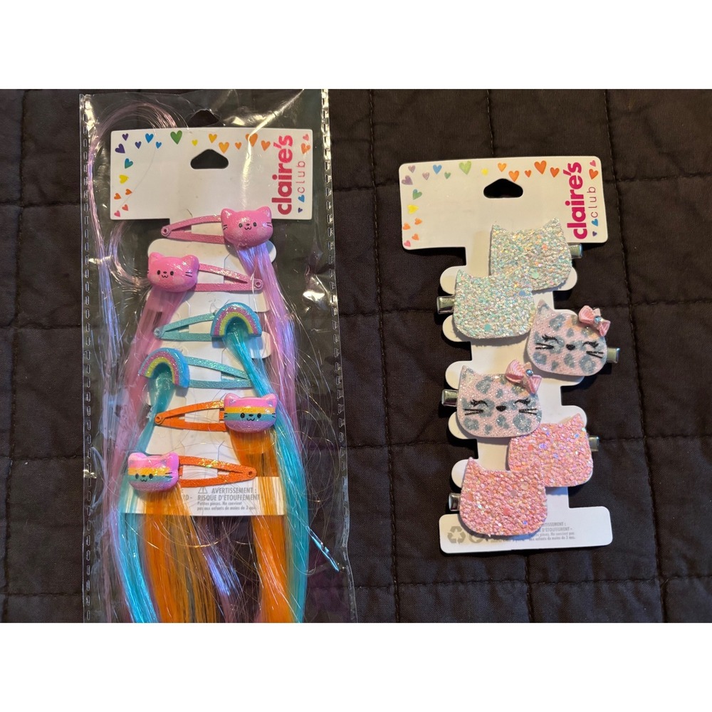 Claires Club Kids Hair Accessory Lot Rainbow Hair Extensions Glitter Cat Clips
